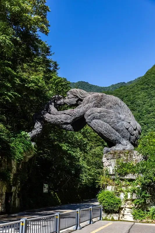 神农架景区入口猿猴雕塑+蓝天,标志