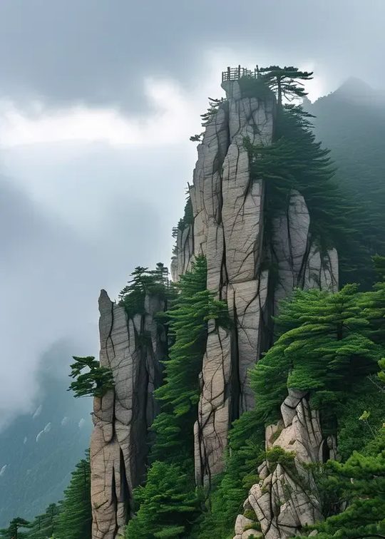 薄刀峰松树+石柱+薄雾,核心景点