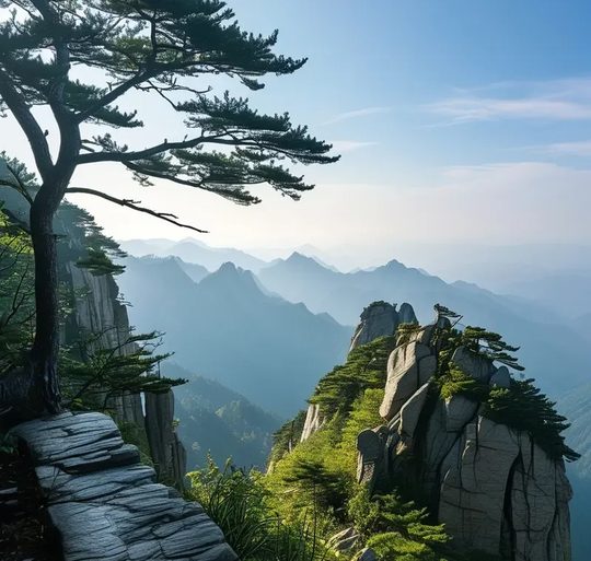 薄刀峰松树+远山+石柱+大气,夏季避暑