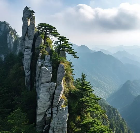 薄刀峰石柱+松树+远山+陡峭,核心景点