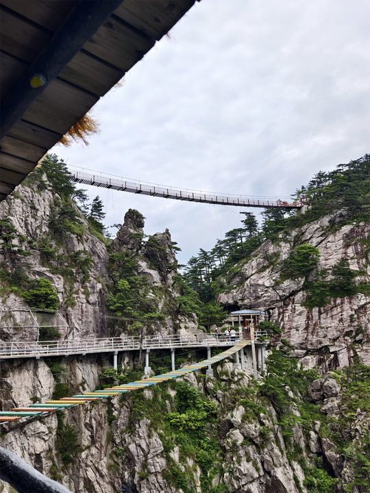 沿崖壁展开的观景步道，山石与林木相伴。