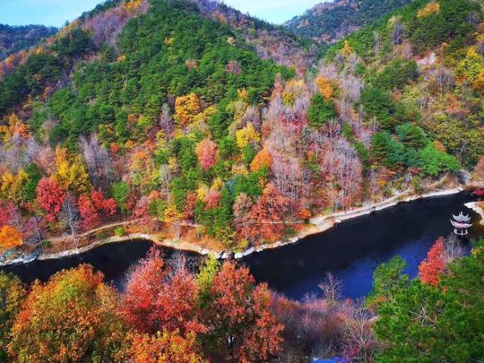 清凉寨往年秋季湖谷实景,本文景区照片不代表今年团期当天的叶色。图片来源:武汉清凉寨景区。
